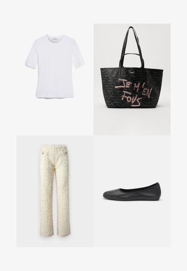 Balta īsām piedurknēm T-krekls, izgatavots no ribota auduma. Apaļš izgriezums, regulāra piegriezuma un diskrēti šuvumu detaļas. Bez printiem vai grafikām.; Mīksti, baltā krāsā žaketes ar patīkamu tekstūru, taisnām kājām un dekoratīvām sudraba pogām uz priekšējām kabatām.; Melna ādas baleta kurpe ar noapaļotu purngalu, gludu tekstūru, minimālu šuvju detalizāciju un elastīgu zoles dizainu.; Melna somiņa ar strukturālu materiālu, kas rotāta ar dimanta rakstu, plecu siksnām un drosmīgu sarkanu un baltu tekstu "JE M'EN FOUS."
