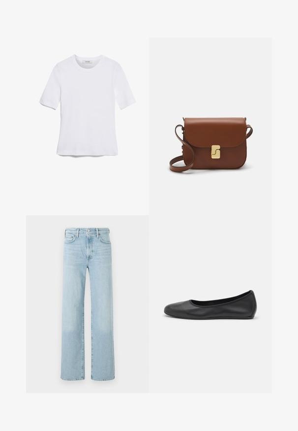 Biela krátka tričko s krátkymi rukávmi vyrobené z rebrovanej látky. Klasický okrúhly výstrih, bežný strih a jemné švy. Bez vzorov alebo grafiky.; Svetlomodré džínsy s rovnými nohavicami, s gombíkovým zapínaním, piatimi vreckami a jemným vyblednutím tkaniny.; Čierne kožené baleríny s okrúhlou špičkou, hladkým povrchom, minimálnym prešívaním a flexibilným dizajnom podrážky.; Hnedá kožená kabelka s klopou, zlatými kovovými prvkami, ramenným popruhom a hladkým povrchom. Kompaktný obdĺžnikový tvar.