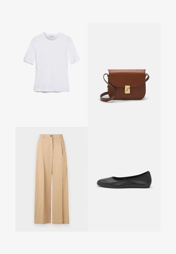 White short-sleeve t-shirt made of ribbed fabric. Round neckline, regular fit, and subtle stitching details. No patterns or graphics.; Beige wide-leg trousers made from a smooth fabric, featuring a front button closure, pleats, and a tailored design.; Black leather ballet flat with a rounded toe, smooth texture, minimal stitching detail, and a flexible sole design.; Brown leather handbag with a flap closure, gold-tone hardware, a shoulder strap, and a smooth texture. Compact rectangular shape.