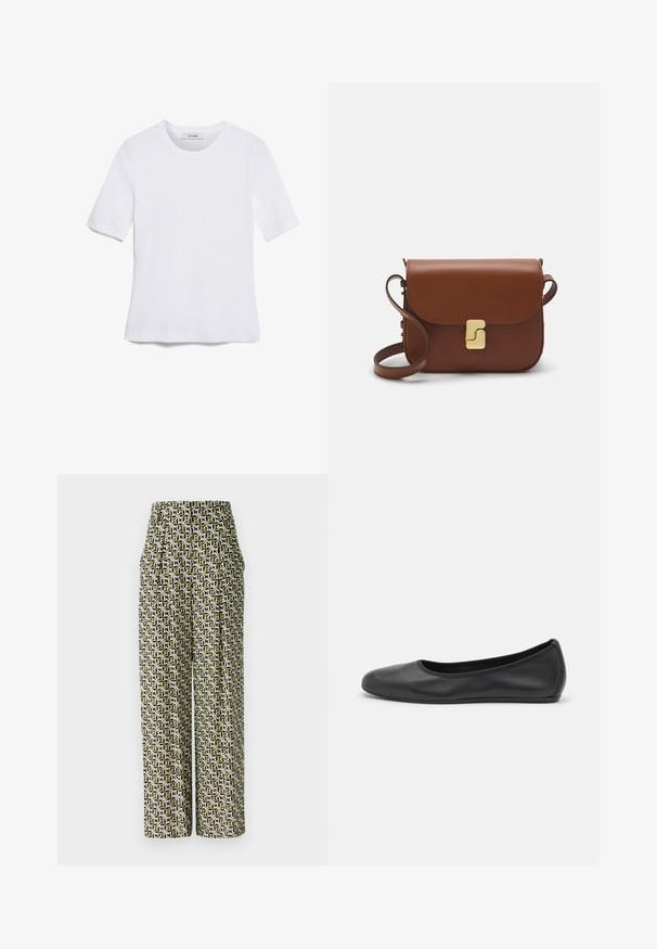 Fehér, rövid ujjú póló ribbed anyagból. Kerek nyakkivágás, normál szabás és diszkrét varrási részletek. Nincsenek minták vagy grafikák.; Diane von Furstenberg BELLINI PANTS - Nadrágok - green; Fekete bőr balettcipő lekerekített orral, sima tekstúrával, minimális varrással és rugalmas talp kialakítással.; Barna bőr kézitáska, hajtókás zárással, arany színű fém kiegészítőkkel, vállpánttal és sima felülettel. Kompakt téglalap alakú.