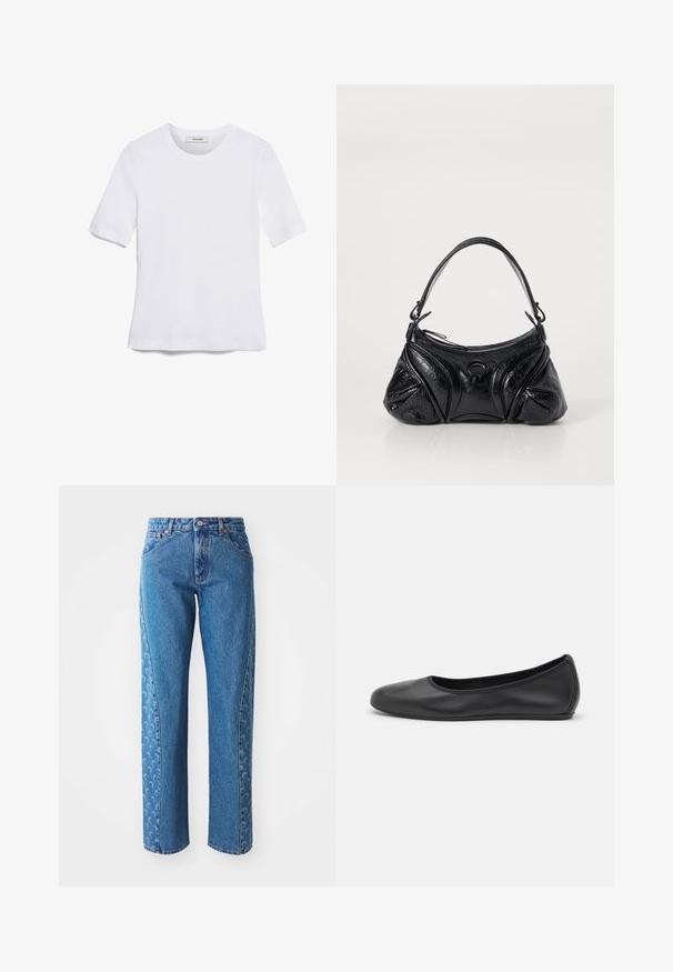 Balta trumpa rankovėmis marškinėliai, pagaminti iš pasiruošusio audinio. Apvali iškirptė, reguliari tinkamumas ir subtilūs siuvimo detalės. Be raštų ar grafikos.; MARINE SERRE MOON LASER CURVED - Laisvo kirpimo džinsai - light blue; Juodai odiniai baletai su apvaliu pirštu, lygi texture, minimalus siuvimo detales ir lanksčiu padų dizainu.; Juodas rankinukas, pagamintas iš tekstūruotos odos, su suapvalinta forma. Jame yra plonas peties diržas ir dekoratyviniai įspausti raštai.