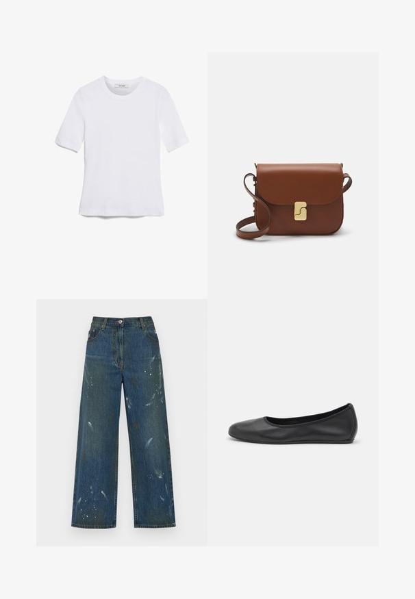 Valkoinen lyhythihainen t-paita, joka on valmistettu ribbytedusta kankaasta. Pyöreä pääntiie, normaali istuvuus ja hienovaraiset ompeluyksityiskohdat. Ei kuvioita tai grafiikkaa.; Vaaleat lahkeet tummansinisistä denimeistä, joissa on maaliroiskeita. Klassinen viiden taskun muotoilu ja nappikiinnitys vyötäröllä.; Musta nahkainen ballerina, jossa on pyöristetty kärki, sileä pinta, minimaalinen ommelkoristelu ja joustava pohjamuotoilu.; Ruskea nahkainen käsilaukku, jossa on läppäkiinnitys, kultasävyiset yksityiskohdat, olkahihna ja sileä pinta. Kompaktin suorakaiteen muotoinen.