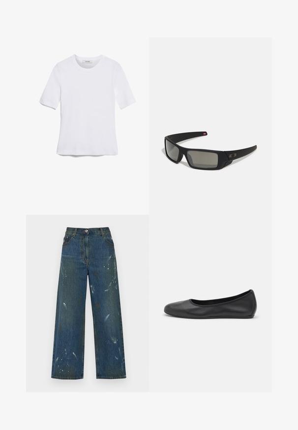 Tricou alb cu mânecă scurtă, confectionat dintr-un material texturat. Gât rotund, tăietură regulară și detalii subtile de cusătură. Fără modele sau grafice.; Jeans cu picioare largi din denim albastru închis, cu detalii de stropi de vopsea. Design clasic cu cinci buzunare și sistem de închidere cu button la talie.; Balerini din piele neagră, cu vârf rotund, textură netedă, detalii de cusătură minimale și un design al tălpii flexibil.; Ochelari de soare negri cu o finisare mată, lentile dreptunghiulare, curbură ușoară pe bănci, detaliu subtil cu logo și lentile cu tentă fumurie.