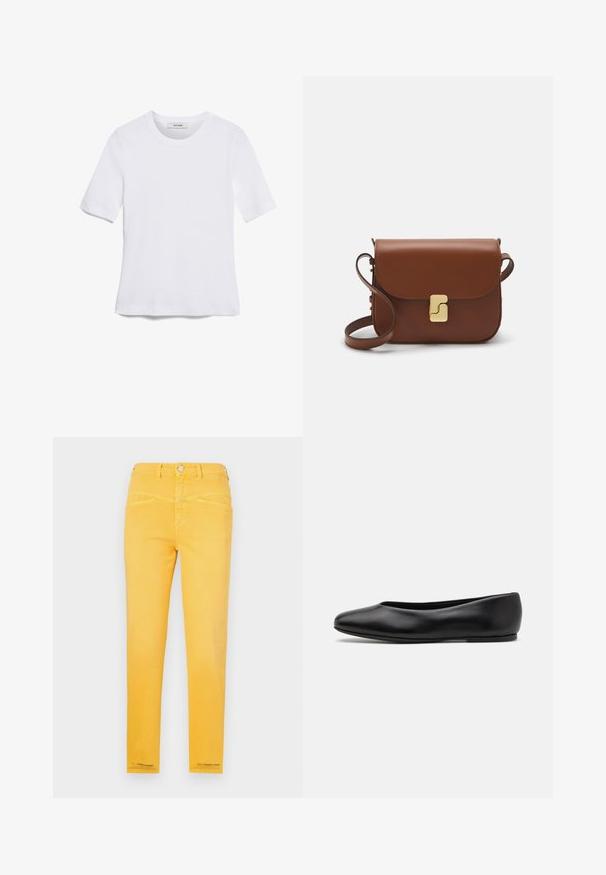Valkoinen lyhythihainen t-paita, joka on valmistettu ribbytedusta kankaasta. Pyöreä pääntiie, normaali istuvuus ja hienovaraiset ompeluyksityiskohdat. Ei kuvioita tai grafiikkaa.; Keltaiset farkut, joissa on istuva malli, viisi taskua ja napitus. Sileä pinta, jossa on saumoissa ompelukoristeita.; Paul Smith TOPANGA - Ballerinat - black; Ruskea nahkainen käsilaukku, jossa on läppäkiinnitys, kultasävyiset yksityiskohdat, olkahihna ja sileä pinta. Kompaktin suorakaiteen muotoinen.
