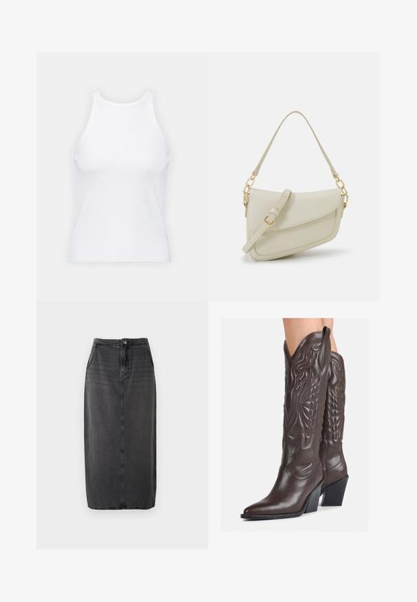 Balta bezpiedurkņu topiņš no ribotā auduma, ar noapaļotu kakla izgriezumu un pieguļošu siluetu, ar minimālām šuvēm un bez rotājumiem.; Melnas džinsīgas midi svārki ar taisnu griezumu, priekšējo pogu aizdari un sānu kabatām. Raksturīga gluda tekstūra un viegla izbalēšana.; Brūni ādas kovboju zābaki ar norādītu purngalu un blokveida papēdi, ar detalizētu šūšanu un paceltiem akcentiem uz kājas daļas.; Maza krēmkrāsas rokas soma ar teksturētu apdari, garu regulējamu siksniņu, ķēdes akcentu un vāciņa aizdari. Zelta aparatūras detaļas.