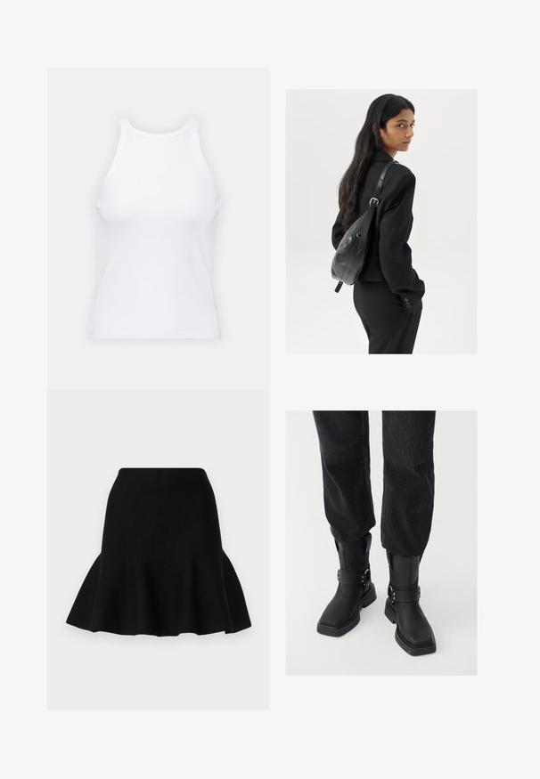 Top de tirantes blanco sin mangas hecho de tela acanalada, con un escote redondeado y una silueta ajustada, con costuras mínimas y sin adornos.; Falda negra acampanada hecha de una tela suave. Presenta una cintura ajustada y un dobladillo ondulado, creando una apariencia de capas.; Botas negras de cuero hasta el tobillo con puntera cuadrada, que presentan una tira ancha y un detalle de hebilla de metal. Las botas tienen una suela gruesa y una textura suave.; Mujer con cabello largo y oscuro vestida con un traje negro, llevando un bolso de cuero negro al hombro, mirando por encima de su hombro contra un fondo blanco.; Pendientes de aro de plata con diseño retorcido, que presentan un acabado pulido y cierre de presión. Miden aproximadamente 3 cm de diámetro.