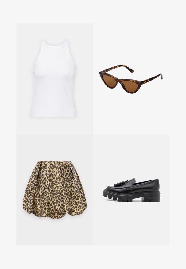 Baltas be rankovių marškinėlis, pagamintas iš išklotinės medžiagos, su apvaliu iškirpimu ir prigludusia siluetu, minimaliais siūlais ir be dekoracijų.; Sister Jane LOLA SKIRT - Trapecinis sijonas - tan; Stuart Weitzman NOLITA TASSEL LOAFER - Aukštakulniai su platforma - black; Katės akies saulės akiniai su juodu ir oranžiniu šarvuotu rėmeliu, ruda objektyvu ir elegantiškais, smailiais galiukais. Rėmelyje yra minimalus logotipas ant šventės.; Mažas kreminis rankinukas su tekstūruotu paviršiumi, ilga reguliuojama juostele, grandinėle ir užsegimu su atvartu. Aukso detalės.