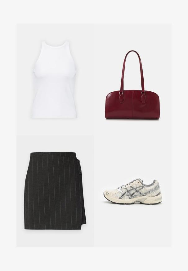 Hvid ærmeløs tanktop lavet af ribbet stof, med en rund halsudskæring og en tætsiddende silhuet, med minimale sømme og ingen pynt.; Sorte nålestribede nederdel med en skræddersyet pasform, der har et asymmetrisk omslag og to knapper i taljen til lukning.; Løbesko med en åndbar hvid mesh-overdel, sølvdetaljer, grå snørebånd og en holdbar sort gummisål. Letvægts, polstret design.; Zign LEATHER - Håndtasker - dark red
