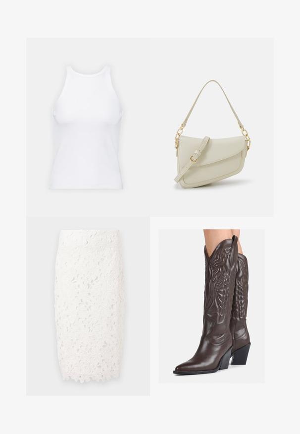 Balta bezpiedurkņu topiņš no ribotā auduma, ar noapaļotu kakla izgriezumu un pieguļošu siluetu, ar minimālām šuvēm un bez rotājumiem.; Balta mežģīņu zīda svārku ar ziedu rakstiem, pieguļoša silueta un viļņotu apakšmalu, kas piedod papildu detaļas. Izgatavota no delikātas mežģīņu auduma.; Brūni ādas kovboju zābaki ar norādītu purngalu un blokveida papēdi, ar detalizētu šūšanu un paceltiem akcentiem uz kājas daļas.; Maza krēmkrāsas rokas soma ar teksturētu apdari, garu regulējamu siksniņu, ķēdes akcentu un vāciņa aizdari. Zelta aparatūras detaļas.