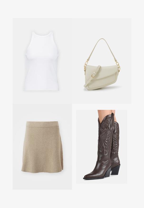 Top desportivo sem mangas, de cor branca, feito de tecido canelado, com decote arredondado e silhueta justa, apresentando costuras mínimas e sem adornos.; Saia bege feita de um tecido suave, design em A, apresenta uma textura subtil e uma bainha reta. Cor sólida sem padrões ou detalhes visíveis.; Botas de cowboy em couro castanho com bico pontudo e salto quadrado, apresentando costuras detalhadas e realces elevados no cano.; Pequena bolsa de creme com um acabamento texturizado, uma alça longa ajustável, um detalhe em corrente e um fecho de aba. Detalhes em hardware dourado.
