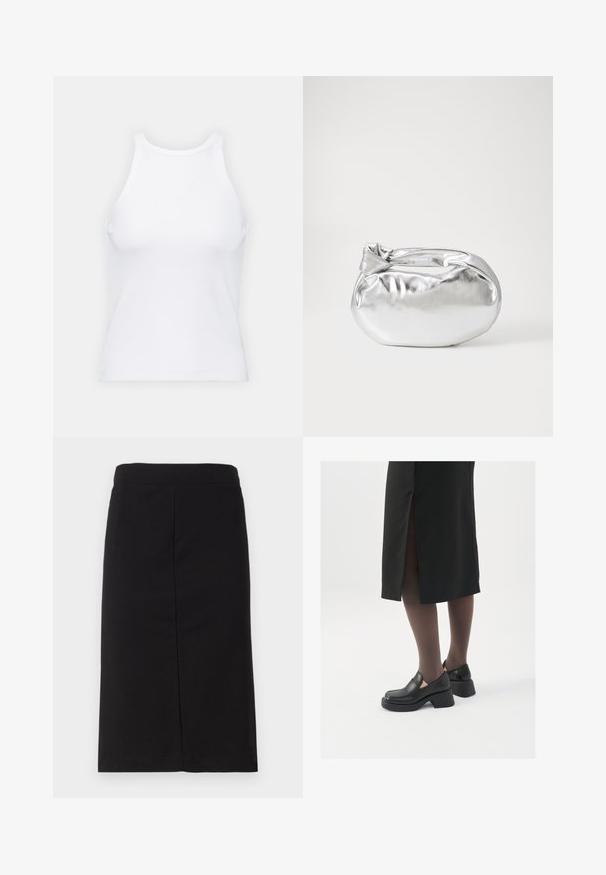 Biela bezrukávová tielko vyrobené z rebrovanej látky, s okrúhlym výstrihom a priliehavým strihom, s minimálnymi švami a bez ozdôb.; Čierna sukňa po kolená v strihu ceruzky, vyrobená z mäkkého materiálu, s hladkým pasom a priamym strihom bez viditeľných ozdôb.; Čierne kožené topánky s okrúhlou špičkou, silným blokovým opätkom a elastickými bočnými akcentmi, skombinované s tmavými pančuchami a čiernou sukňou so štiepením.; Strieborná metalická taška s mäkkým, zaobleným tvarom a uzáverom s uzlíkom. Vyrobená z hladkej syntetickej kože.; Strieborné kruhové náušnice s minimalistickým dizajnom. Cirkulárny tvar, hladký povrch a tenký profil. Ľahké s lesklým povrchom.