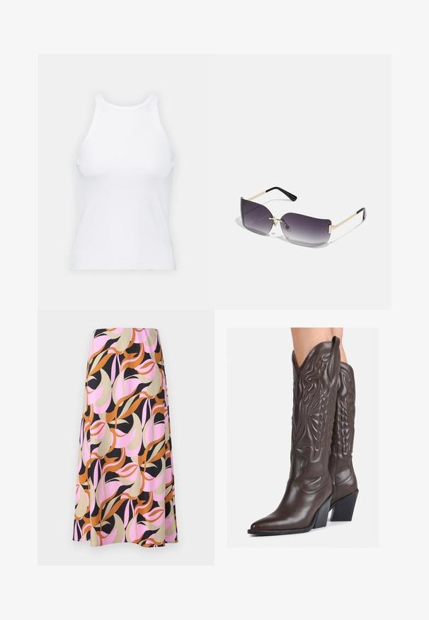 Bela brezrokavna majica iz rebraste tkanine, z zaobljenim izrezom in prilegajočim silhueto, z minimalnimi šivi in brez okraskov.; Suknja z vzorcem, ki vsebuje spirale v rožnati, bež, rjavi in črni barvi. Narejena je iz gladkega materiala, ima tekoč dizajn in dolžino do kolen.; Rjave usnjene kavbojske čevlje z ostrim nosom in blok peto, ki vsebujejo podrobno šivanje in dvignjene dodatke na zgornjem delu.; Sončne očala s sivo naravnanimi lečami, zlatim kovinskim okvirjem in črnimi plastičnimi detajli. Edinstvene leče v obliki metulja z tankimi ročaji.; Mala kremna torbica z teksturiranim zaključkom, dolgim nastavljivim trakom, verižnim poudarkom in zapiranjem na poklop. Detajli iz zlatega kovinskega materiala.; Zlate uhane v obliki obročkov z gladko, sijočo površino. Krožna zasnova s majhnim nosilcem in prozornim podplatom za varno nošenje.