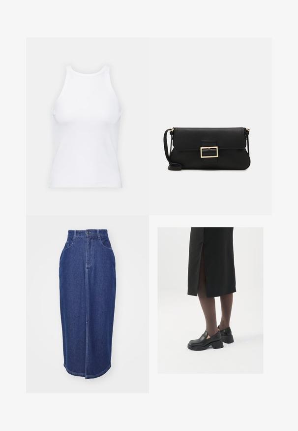 Fehér ujjatlan trikó ribbed anyagból, lekerekített nyakkivágással és testhez simuló siluettel, minimális varrásokkal és díszítések nélkül.; Sötétkék farmer szoknya magas derékkal, egyenes fazonnal, elülső zsebekkel és középső varrással. Tiszta, minimalista részletezéssel zárt szegély.; Fekete bőr cipők lekerekített orral, vastag blokk sarkakkal és elasztikus oldalsó díszítésekkel, sötét harisnyával és hasítékkal ellátott fekete szoknyával párosítva.; Fekete bőr kézitáska hajtóka részlettel és aranyszínű fém csattal. Tartalmaz egy fekete pántot és egy letisztult, minimális dizájnt.