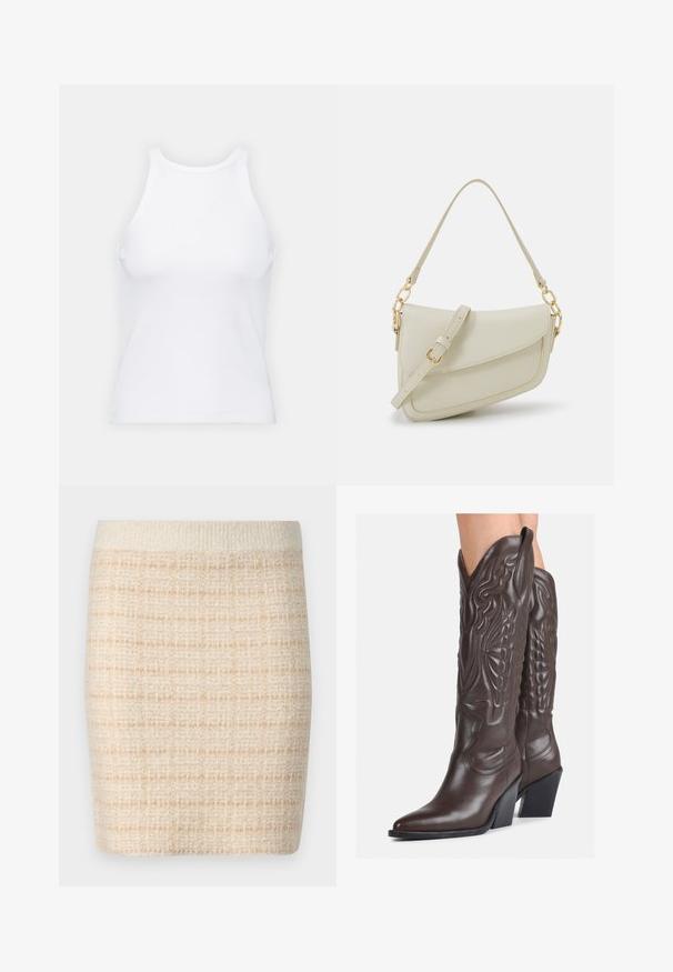Witte mouwloze tanktop van ribstof, met een ronde halslijn en een aansluitende pasvorm, met minimale naden en zonder versieringen.; Gebreide beige minirok met een gestructureerd ruitpatroon, voorzien van een effen crème kleurige tailleband. Lengte tot halverwege de bovenbenen, van zachte stof.; Bruine leren cowboylaarzen met een spitse neus en blokhak, voorzien van gedetailleerde stiksels en verhoogde accenten op de schacht.; Kleine crèmekleurige handtas met een textuurafwerking, een lange verstelbare schouderband, een kettingaccent en een klepsluiting. Gouden hardware-details.