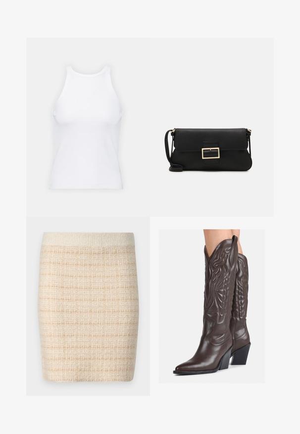 Top alb fără mâneci, confecționat din material ribbed, prezentând un decolteu rotund și o siluetă ajustată, cu cusături minime și fără ornamente.; Fustă mini tricotată de culoare bej, cu un model texturat în carouri, dotată cu un talie solidă de culoare crem. Lungime până la mijlocul coapsei, material moale.; Bocanci de cowboy din piele maro, cu vârf ascuțit și toc pătrat, având cusături detaliate și accente ridicate pe tijă.; Geantă de mână din piele neagră, cu clapetă și un detaliu din metal auriu. Include o curea neagră și un design elegant, minimalist.