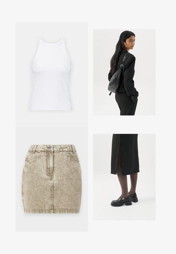Witte mouwloze tanktop van ribstof, met een ronde halslijn en een aansluitende pasvorm, met minimale naden en zonder versieringen.; Khaki denim rok met een gestructureerde afwerking, vijf zakken, sluiting met een knop aan de voorkant en gestikte details langs de randen.; Zwarte leren schoenen met een ronde neus, dikke blokhak en elastische zijkanten, gecombineerd met donkere panty's en een zwarte rok met een split.; Vrouw met lang donker haar in een zwart pak, met een zwart leren schoudertas, die over haar schouder kijkt tegen een witte achtergrond.