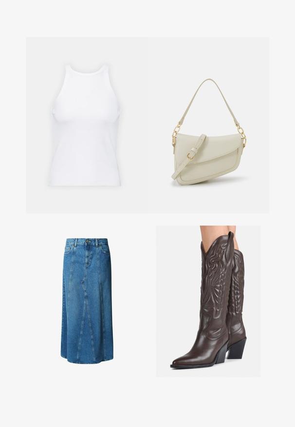 Fehér ujjatlan trikó ribbed anyagból, lekerekített nyakkivágással és testhez simuló siluettel, minimális varrásokkal és díszítések nélkül.; Világoskék farmer szoknya, térd hosszúságú, fitted derékrésszel, gombos záródással és elülső zsebekkel; panelezett dizájnnal és nyers szegéllyel rendelkezik.; Barna bőr cowboy csizmák hegyes orral és blokk sarkal, részletes varrással és kiemelkedő díszítésekkel a szárán.; Kis krémszínű táska texturált felülettel, hosszú, állítható pánttal, láncos díszítéssel és fedéllel záródik. Aranyszínű fém részletek.; Ezüst karika fülbevalók csavart kialakítással, fényes felülettel és fülbevaló tűzáras zárással. Átmérőjük körülbelül 3 cm.
