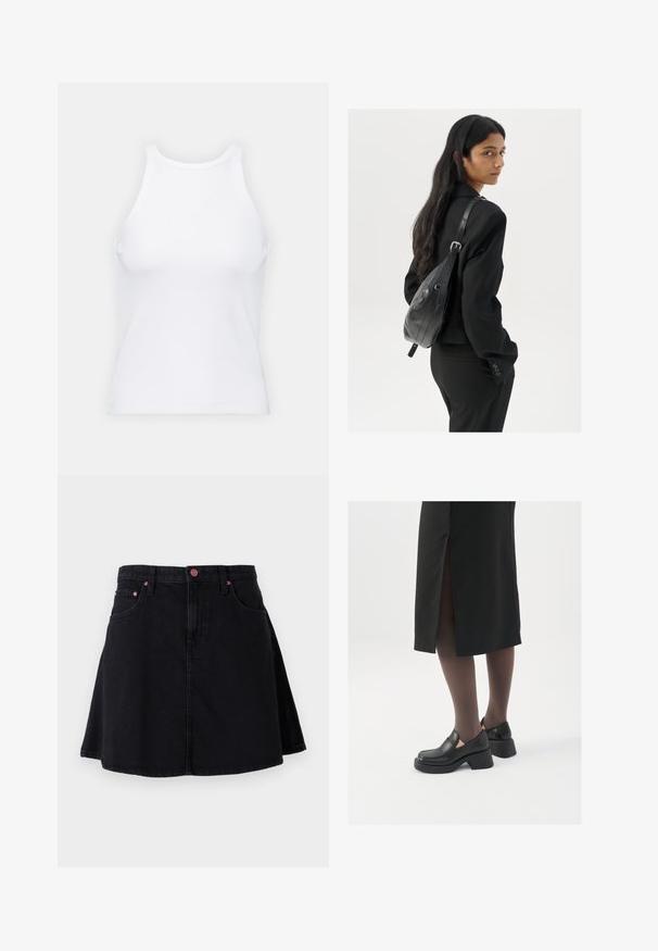 Balta bezpiedurkņu topiņš no ribotā auduma, ar noapaļotu kakla izgriezumu un pieguļošu siluetu, ar minimālām šuvēm un bez rotājumiem.; Melna denima svārku ar izplūstošu dizainu, kas piedāvā priekšējās kabatas un rozā stiprinājumus jostā un kabatu malās.; Melni ādas apavi ar noapaļotu purngalu, biezām bloku papēžiem un elastīgiem sānu akcentiem, apvienoti ar tumšām zeķubiksēm un melnu svārku ar šķirbu.; Sieviete ar garām tumšām matiem, ģērbusies melnā uzvalkā, nēsā melnu ādas plecu somu un skatās pāri plecam uz balta fona.