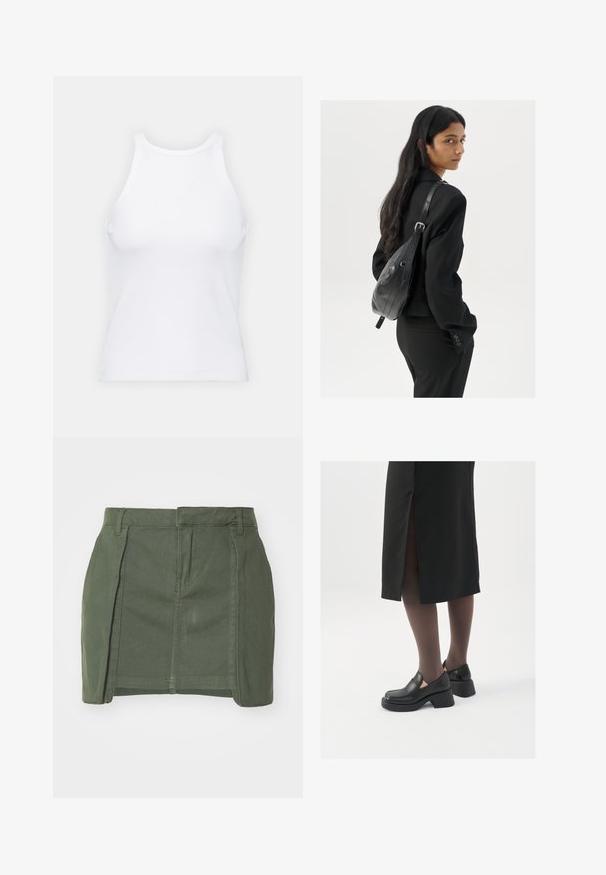 Baltas be rankovių marškinėlis, pagamintas iš išklotinės medžiagos, su apvaliu iškirpimu ir prigludusia siluetu, minimaliais siūlais ir be dekoracijų.; Kaki žalia džinsinė sijonas su prigludusiu siluetu, priekiniais raukšlėmis ir švaria apdaila. Sukurtas su diržo kilpomis ir dviem šoninėmis kišenėmis.; Juodos odinės bateliai su apvaliu nosiu, stora blokine pakulne ir elastingais šonais, derinami su tamsiomis pėdkelnėmis ir juoda sijonu su plyšiu.; Moteris su ilgais tamsiais plaukais, vilkinti juodą kostiumą, nešanti juodą odinę rankinę per petį, žvelgia per petį prieš balto fono.; Sidabrinės pusmėnulio auskarai minimalistiniu dizainu. Apskritimo forma, lygus paviršius ir plonas profilis. Lengvi su poliruotu apdailu.