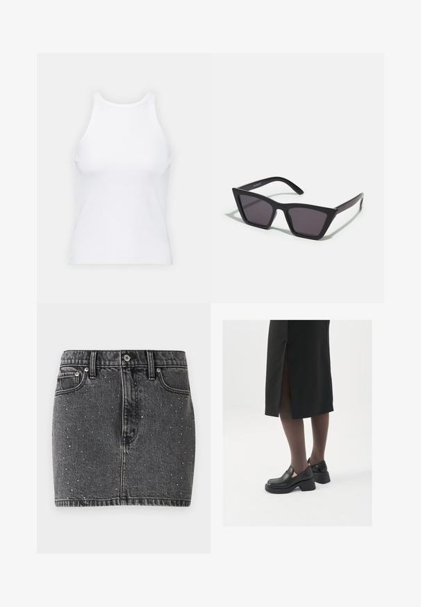 Weißes ärmelloses Tanktop aus geripptem Stoff, mit rundem Ausschnitt und figurbetonter Silhouette, minimalen Nähten und ohne Verzierungen.; Dunkelgrau Rock aus Denim mit silbernen Nietenverzierungen. Hat eine taillierte Form, ein klassisches Fünf-Taschen-Design und Gürtelschlaufen.; Schwarze Lederschuhe mit abgerundetem Zeh, dicker Blockabsatz und elastischen seitlichen Akzenten, kombiniert mit dunklen Strumpfhosen und einem schwarzen Rock mit Schlitz.; Schwarze, eckige Sonnenbrille mit grauen Gläsern; aus Kunststoff gefertigt, mit dicken Bügeln, die eine glatte Oberfläche und keine sichtbaren Beschläge haben.; Frau mit langen dunklen Haaren, die einen schwarzen Anzug trägt und eine schwarze Lederschultertasche hält, schaut über ihre Schulter vor einem weißen Hintergrund.