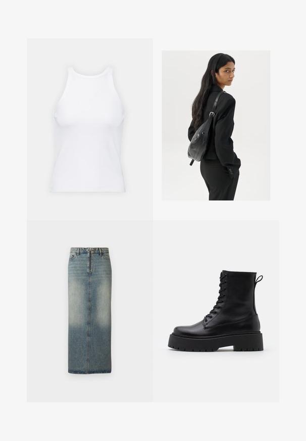 Vit ärmlös linne av ribbat tyg, med rundad halsringning och smal silhuett, med minimala sömmar och utan dekorationer.; Denim midi kjol i ljusblå med en bleknad finish. Har en framdraget dragkedja och knapplåsning, rak skärning och minimala sömnadsdetaljer.; Svarta läderankelboots med rund tå, snörning framtill och en tjock gummisula med strukturerat mönster. Dragflik bak.; Kvinna med långt mörkt hår, klädd i en svart dräkt, bärandes en svart läderaxelväska, tittar över axeln mot en vit bakgrund.