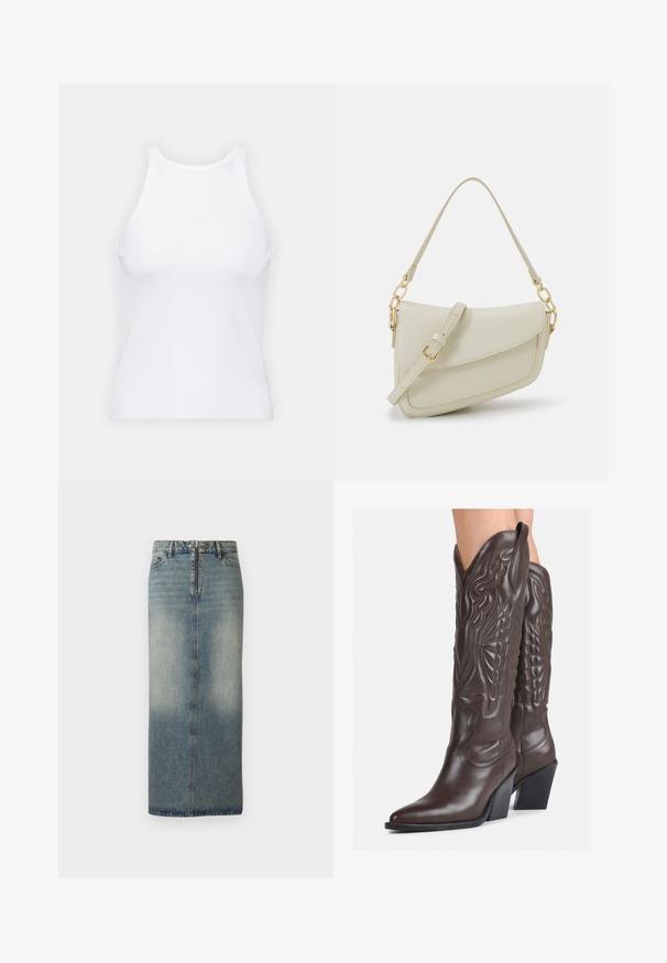 Fehér ujjatlan trikó ribbed anyagból, lekerekített nyakkivágással és testhez simuló siluettel, minimális varrásokkal és díszítések nélkül.; Világoskék farmer midi szoknya, elhasználtságot idéző felülettel. Elöl cipzáras és gombos záródással, egyenes vonalú szabással, minimális varrási részletekkel.; Barna bőr cowboy csizmák hegyes orral és blokk sarkal, részletes varrással és kiemelkedő díszítésekkel a szárán.; Kis krémszínű táska texturált felülettel, hosszú, állítható pánttal, láncos díszítéssel és fedéllel záródik. Aranyszínű fém részletek.