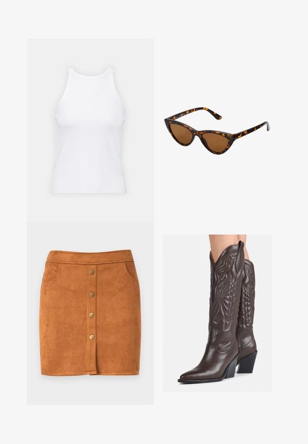 White sleeveless tank top made of ribbed fabric, featuring a rounded neckline and a fitted silhouette, with minimal seams and no embellishments.; Brown suede mini skirt with a straight cut, featuring a front button closure, two side pockets, and subtle stitching details.; Brown leather cowboy boots with pointed toe and block heel, featuring detailed stitching and raised accents on the shaft.; Cat-eye sunglasses with a black and orange tortoiseshell frame, brown lenses, and sleek, pointed tips. Features a minimal logo on the temple.; Small cream handbag with a textured finish, a long adjustable strap, a chain accent, and a flap closure. Gold hardware detailing.