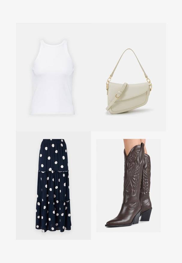 Biela bezrukávová tielko vyrobené z rebrovanej látky, s okrúhlym výstrihom a priliehavým strihom, s minimálnymi švami a bez ozdôb.; Tmavomodrá maxi sukňa s bielymi bodkami v kruhových vzoroch, s viacerými vrstvami a elastickým pásom pre pohodlie.; Hnedé kožené kovbojské topánky s špicatou špičkou a blokovým podrážkou, so zložitým prešívaním a vyvýšenými akcentmi na puzdre.; Malá krémová kabelka s textúrovaným povrchom, dlhým nastaviteľným popruhom, reťazovým detailom a klopovým uzáverom. Zlaté kovové prvky.