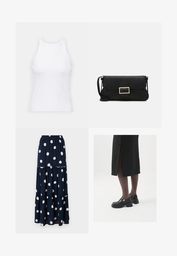 Baltas be rankovių marškinėlis, pagamintas iš išklotinės medžiagos, su apvaliu iškirpimu ir prigludusia siluetu, minimaliais siūlais ir be dekoracijų.; Tamsiai mėlynas maxi sijonas su baltais polka taškais, turintis kelių lygių dizainą ir elastingą juosmenį patogumui.; Juodos odinės bateliai su apvaliu nosiu, stora blokine pakulne ir elastingais šonais, derinami su tamsiomis pėdkelnėmis ir juoda sijonu su plyšiu.; Juodas odinis dėkliukas su atvarteliu ir auksinės metalinės sagties detalėmis. Įeina juodas diržas ir elegantiškas, minimalistinis dizainas.