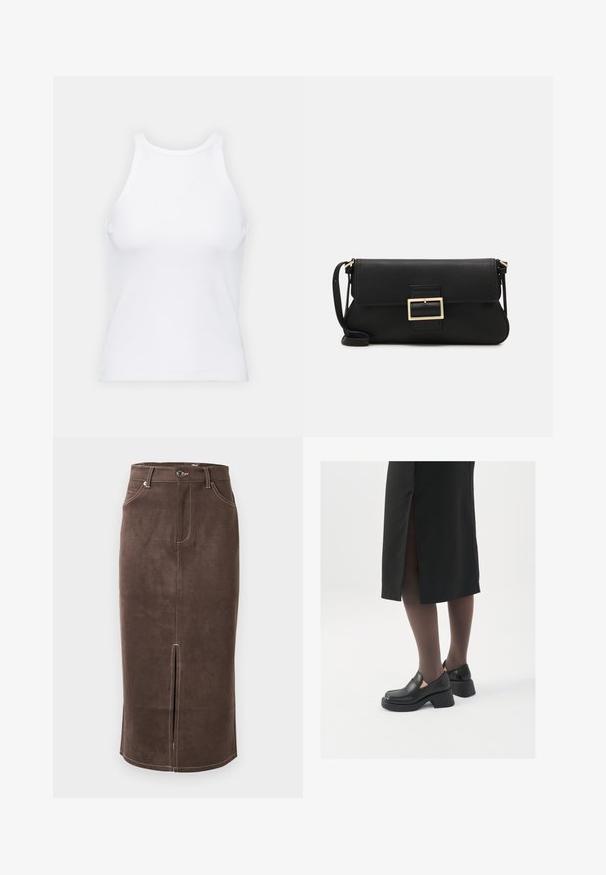 Baltas be rankovių marškinėlis, pagamintas iš išklotinės medžiagos, su apvaliu iškirpimu ir prigludusia siluetu, minimaliais siūlais ir be dekoracijų.; Ruda suede pieštuko sijonas su priekinėmis plyšio, kontrastinga balta siūle ir klasikiniu penkių kišenių dizainu. Klasikinis mygtukų uždarymas ant liemens.; Juodos odinės bateliai su apvaliu nosiu, stora blokine pakulne ir elastingais šonais, derinami su tamsiomis pėdkelnėmis ir juoda sijonu su plyšiu.; Juodas odinis dėkliukas su atvarteliu ir auksinės metalinės sagties detalėmis. Įeina juodas diržas ir elegantiškas, minimalistinis dizainas.