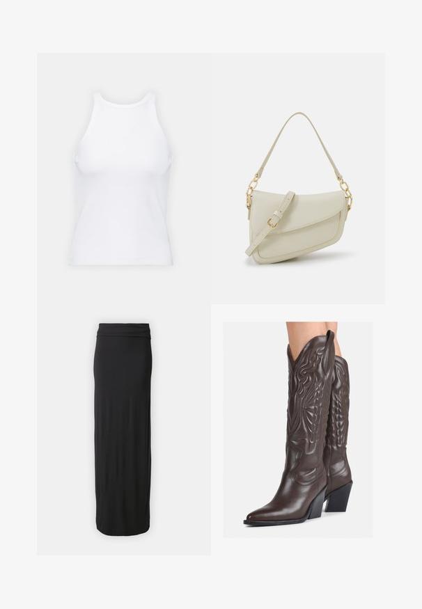 Baltas be rankovių marškinėlis, pagamintas iš išklotinės medžiagos, su apvaliu iškirpimu ir prigludusia siluetu, minimaliais siūlais ir be dekoracijų.; Juoda, iki žemės siekianti sijonas, pagamintas iš minkštos, elastingos medžiagos su priglundančiu liemeniu. Paprastas, lygus dizainas be raštų ar puošybos.; Rudos odinės kaubojaus batai su smailiu priekiu ir blokuotu kulnu, pasižymintys detaliu siuvinėjimu ir iškiliais akcentais ant ašies.; Mažas kreminis rankinukas su tekstūruotu paviršiumi, ilga reguliuojama juostele, grandinėle ir užsegimu su atvartu. Aukso detalės.