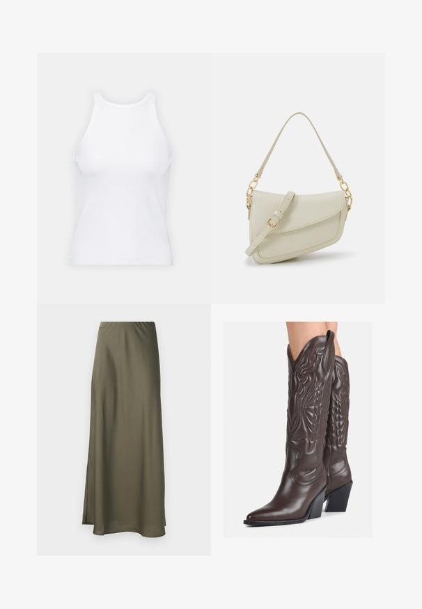 Débardeur blanc sans manches en tissu côtelé, doté d'un col rond et d'une silhouette ajustée, avec des coutures minimales et sans ornements.; Jupe maxi vert olive en tissu lisse et fluide avec une fente sur le côté et une taille élastique pour le confort. Aucun motif ni détail en métal.; Bottes de cowboy en cuir marron avec un bout pointu et un talon bloc, présentant des coutures détaillées et des accents en relief sur la tige.; Petit sac à main crème avec une finition texturée, une longue sangle réglable, un accent en chaîne et une fermeture à rabat. Détails en matériel doré.