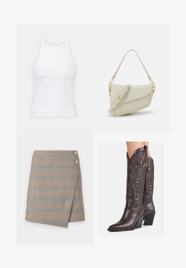 Witte mouwloze tanktop van ribstof, met een ronde halslijn en een aansluitende pasvorm, met minimale naden en zonder versieringen.; Grijze geruite wikkelrok met oranje, bruin en crèmekleurige lijnen. Bevat twee grote knoopaccenten op de taille en heeft een schone afwerking.; Bruine leren cowboylaarzen met een spitse neus en blokhak, voorzien van gedetailleerde stiksels en verhoogde accenten op de schacht.; Kleine crèmekleurige handtas met een textuurafwerking, een lange verstelbare schouderband, een kettingaccent en een klepsluiting. Gouden hardware-details.