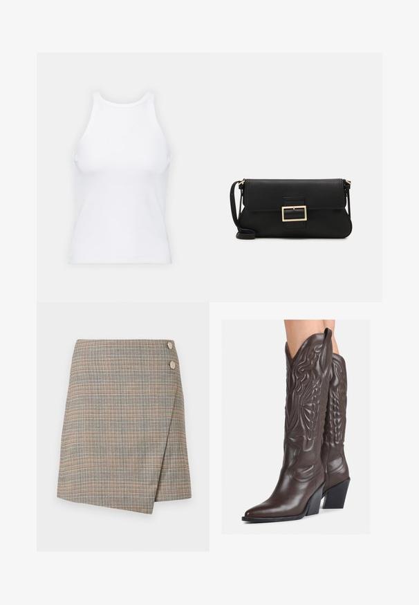 Witte mouwloze tanktop van ribstof, met een ronde halslijn en een aansluitende pasvorm, met minimale naden en zonder versieringen.; Grijze geruite wikkelrok met oranje, bruin en crèmekleurige lijnen. Bevat twee grote knoopaccenten op de taille en heeft een schone afwerking.; Bruine leren cowboylaarzen met een spitse neus en blokhak, voorzien van gedetailleerde stiksels en verhoogde accenten op de schacht.; Zwarte leren clutch met een klep en een gouden metalen sluiting. Inclusief een zwarte schouderband en een slank, minimalistisch ontwerp.; Zilveren creolen met een gedraaide ontwerp, voorzien van een gepolijste afwerking en een post-back sluiting. Meet ongeveer 3 cm in diameter.