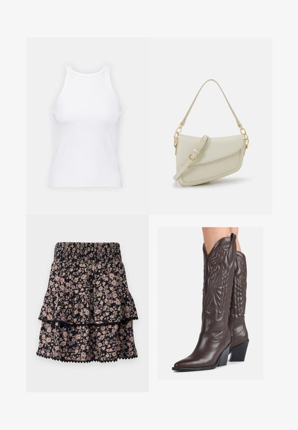 Balta bezpiedurkņu topiņš no ribotā auduma, ar noapaļotu kakla izgriezumu un pieguļošu siluetu, ar minimālām šuvēm un bez rotājumiem.; Ziedu raksta daudzslāņu svārki melnā un gaiši rozā krāsā. Ar smocked jostasvietu un mežģīņu apdari malā. Izgatavoti no viegla auduma.; Brūni ādas kovboju zābaki ar norādītu purngalu un blokveida papēdi, ar detalizētu šūšanu un paceltiem akcentiem uz kājas daļas.; Maza krēmkrāsas rokas soma ar teksturētu apdari, garu regulējamu siksniņu, ķēdes akcentu un vāciņa aizdari. Zelta aparatūras detaļas.