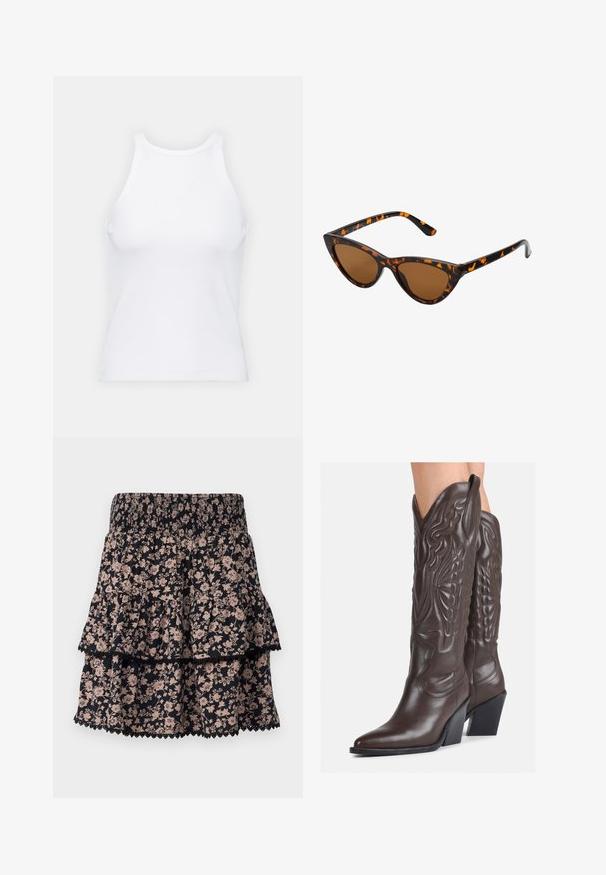Biela bezrukávová tielko vyrobené z rebrovanej látky, s okrúhlym výstrihom a priliehavým strihom, s minimálnymi švami a bez ozdôb.; Kvetinová sukňa s volánmi v čiernej a svetloružovej farbe. Obsahuje rebrovaný pás a čipkovaný lem na spodnej časti. Vyrobená z ľahkého materiálu.; Hnedé kožené kovbojské topánky s špicatou špičkou a blokovým podrážkou, so zložitým prešívaním a vyvýšenými akcentmi na puzdre.; Mačacie slnečné okuliare s čiernym a oranžovým želvovinovým rámom, hnedými sklami a elegantnými, špicatými koncami. Obsahujú minimalistické logo na spánku.; Malá krémová kabelka s textúrovaným povrchom, dlhým nastaviteľným popruhom, reťazovým detailom a klopovým uzáverom. Zlaté kovové prvky.