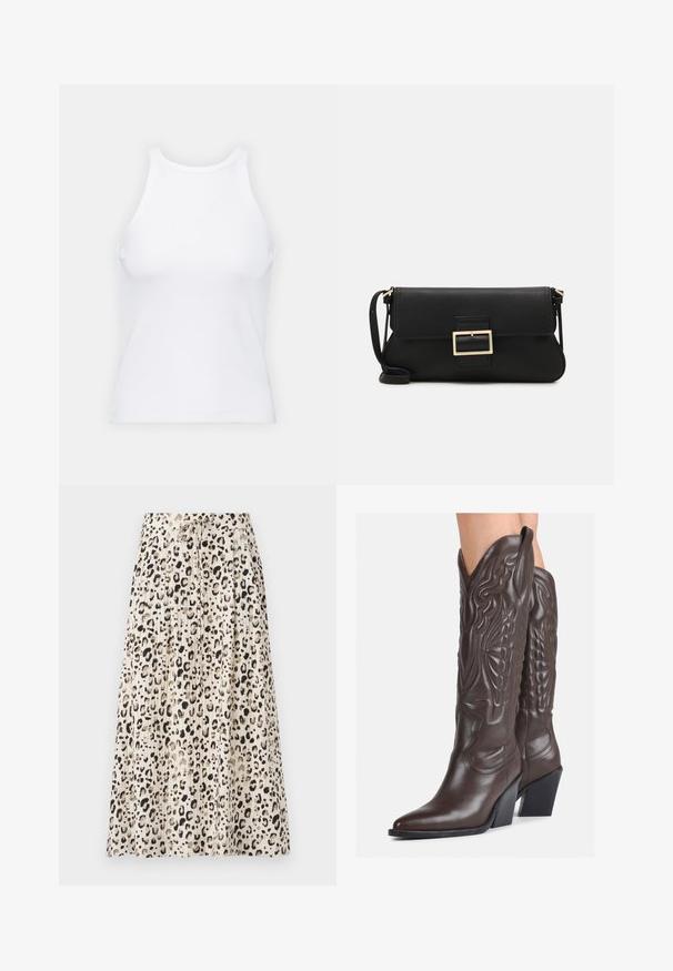 Top alb fără mâneci, confecționat din material ribbed, prezentând un decolteu rotund și o siluetă ajustată, cu cusături minime și fără ornamente.; Fustă midi plisată dintr-un material ușor, cu o bază bej și imprimeu leopard negru, având o talie cu șnur pentru ajustabilitate.; Bocanci de cowboy din piele maro, cu vârf ascuțit și toc pătrat, având cusături detaliate și accente ridicate pe tijă.; Geantă de mână din piele neagră, cu clapetă și un detaliu din metal auriu. Include o curea neagră și un design elegant, minimalist.