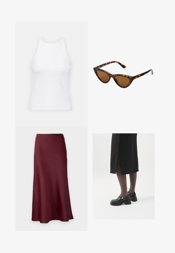 Débardeur blanc sans manches en tissu côtelé, doté d'un col rond et d'une silhouette ajustée, avec des coutures minimales et sans ornements.; Selected Femme SLFLENA - Jupe trapèze - zinfandel; Chaussures noires en cuir avec un bout arrondi, un épais talon bloc et des accents latéraux élastiques, associées à des bas foncés et une jupe noire avec une fente.; Lunettes de soleil style œil de chat avec une monture en écaille de tortue noire et orange, verres marron et pointes effilées et élégantes. Présente un logo minimaliste sur la branche.; Boucles d'oreilles en argent en forme de créoles avec un design torsadé, dotées d'une finition polie et d'une fermeture à poussoir. Mesurent environ 3 cm de diamètre.