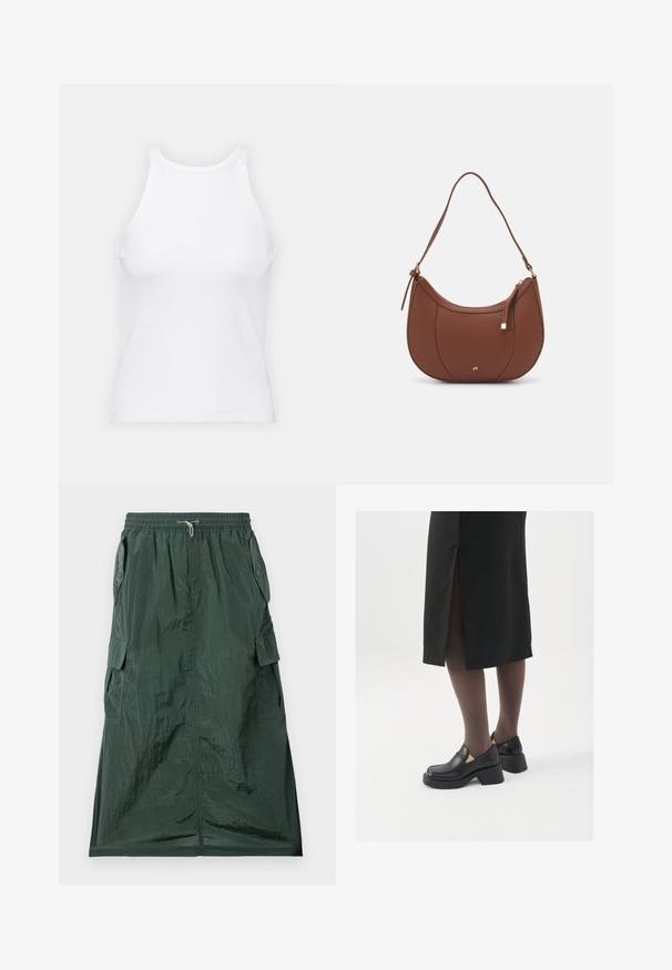 Valge ilma varrukateta T-särk, mis on valmistatud ribakangast, ümarate kaelustega ja kitseneva siluetiga, minimaalse õmbluste ning ilma kaunistusteta.; Roheline kauboi seelik, mis on valmistatud kergest, tekstuuriga kangast. Omab elastset vööd, nööriga ja mitmeid küljetaskuid.; Mustad mustad jalatsid ümmarguse varbaga, paksu plokkniidi ja elastsete külgdetailidega, kombineeritud tumedate sukkade ja musta lõhikuga seelikuga.; Pruun faux nahast õlaline kott, millel on kaarjas kuju, minimaalne õmblemine ja kuldse tooni metallist aksessuaar. Omab ülemist tõmblukku ja reguleeritavat rihma.