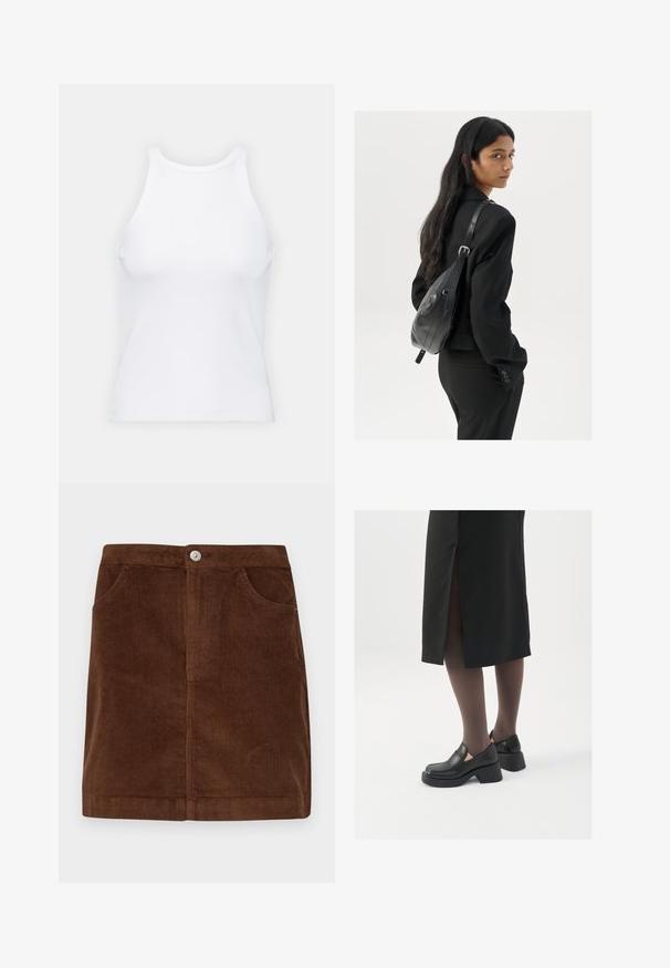 Valge ilma varrukateta T-särk, mis on valmistatud ribakangast, ümarate kaelustega ja kitseneva siluetiga, minimaalse õmbluste ning ilma kaunistusteta.; Pieces PCRILLO SKIRT - Miniseelik - fondue fudge; Mustad mustad jalatsid ümmarguse varbaga, paksu plokkniidi ja elastsete külgdetailidega, kombineeritud tumedate sukkade ja musta lõhikuga seelikuga.; Pikkade tumehaired naine mustas ülikonnas, kandes musta nahast õlakotti, vaatab üle õla valge tausta taustal.; Hõbedased rõngastikkaehingad minimalistlikus disainis. Ümar kuju, sile tekstuur ja õhuke profiil. Kerged ning poleeritud viimistlusega.