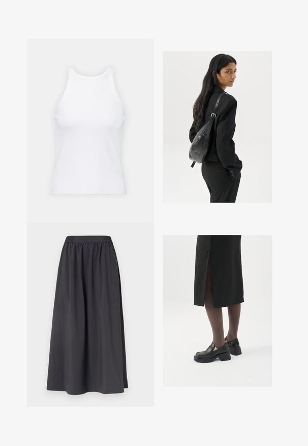 Biela bezrukávová tielko vyrobené z rebrovanej látky, s okrúhlym výstrihom a priliehavým strihom, s minimálnymi švami a bez ozdôb.; Čierna bavlnená sukňa s elastickým pásom, v tvare A, s hladkou textúrou, dosahujúca dĺžku po polovicu lýtok, bez viditeľných vzorov alebo kovania.; Čierne kožené topánky s okrúhlou špičkou, silným blokovým opätkom a elastickými bočnými akcentmi, skombinované s tmavými pančuchami a čiernou sukňou so štiepením.; Žena s dlhými tmavými vlasmi, oblečená v čiernom obleku, nesúca čiernu koženú kabelku na ramene, pozerajúca cez rameno na bielom pozadí.; Strieborné kruhové náušnice s minimalistickým dizajnom. Cirkulárny tvar, hladký povrch a tenký profil. Ľahké s lesklým povrchom.
