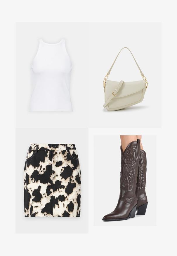 Weißes ärmelloses Tanktop aus geripptem Stoff, mit rundem Ausschnitt und figurbetonter Silhouette, minimalen Nähten und ohne Verzierungen.; Jeansrock mit einem schwarz-weißen Kuhfellmuster, kontrastierenden Nähten und einem vorderen Knopfverschluss. Kurzes, figurbetontes Design.; Braune Leder-Cowboy-Stiefel mit spitzem Punkt und Blockabsatz, die über detaillierte Stickereien und hervorgehobene Akzente am Schaft verfügen.; Kleine cremefarbene Handtasche mit strukturiertem Finish, einem langen verstellbaren Tragegurt, einem Kettenakzent und einem Klappenverschluss. Goldene Hardware-Details.