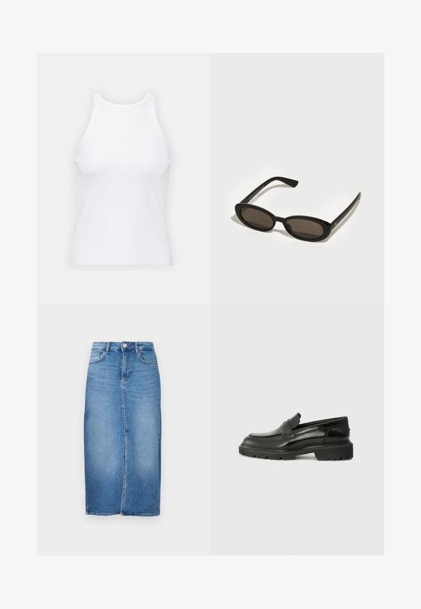 Λευκό μανίκι τοπ χωρίς μανίκια φτιαγμένο από ριμπ ύφασμα, με στρογγυλή λαιμόκοψη και εφαρμοστή σιλουέτα, με ελάχιστες ραφές και χωρίς διακοσμήσεις.; Τζιν μίντι φούστα σε ανοιχτό μπλε, με ίσια γραμμή, μπροστινό σκίσιμο και παραδοσιακό σχέδιο με πέντε τσέπες και μεταλλικές λεπτομέρειες.; Μαύρα δερμάτινα παπούτσια χωρίς κορδόνια με στρογγυλή μύτη, παχύ υφασμένο σόλο και διακριτική ραφή. Περιλαμβάνουν ένα μικρό λογότυπο στο πίσω μέρος.; Μαύρα γυαλιά ηλίου με ωοειδείς, ημιδιάφανες φακούς. Λαμπεροί σκελετοί και κομψά χέρια. Σκούροι φακοί με ελάχιστες λεπτομέρειες μηχανισμού.; Μαύρη μαλακή δερμάτινη τσάντα ώμου με ρυθμιζόμενο λεπτό λουρί, συγκεντρωμένες πλευρές που είναι δεμένες με κόμπους και μικρό χρυσό λογότυπο στο κάτω δεξί μέρος.