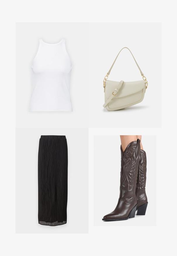 Bela brezrokavna majica iz rebraste tkanine, z zaobljenim izrezom in prilegajočim silhueto, z minimalnimi šivi in brez okraskov.; Črna midi krila z plisejem, elastičnim pasom in ravnim krojem. Tkanina ima navpične črte za dodano teksturo.; Rjave usnjene kavbojske čevlje z ostrim nosom in blok peto, ki vsebujejo podrobno šivanje in dvignjene dodatke na zgornjem delu.; Mala kremna torbica z teksturiranim zaključkom, dolgim nastavljivim trakom, verižnim poudarkom in zapiranjem na poklop. Detajli iz zlatega kovinskega materiala.