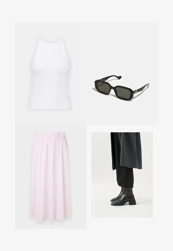 Top alb fără mâneci, confecționat din material ribbed, prezentând un decolteu rotund și o siluetă ajustată, cu cusături minime și fără ornamente.; Fustă cu dungi roz și alb, cu un talie elastică, design evazat și un material ușor. Fără buzunare sau accesorii suplimentare.; Botine negre din piele, cu bot pătrat și toc masiv, purtate cu pantaloni negri largi și o haină gri închis. Textura suprafeței netedă.; Ochelari de soare rectangulari negri cu lentile verzi solide, având un finisaj lucios și un accent auriu cu logo pe lateral.