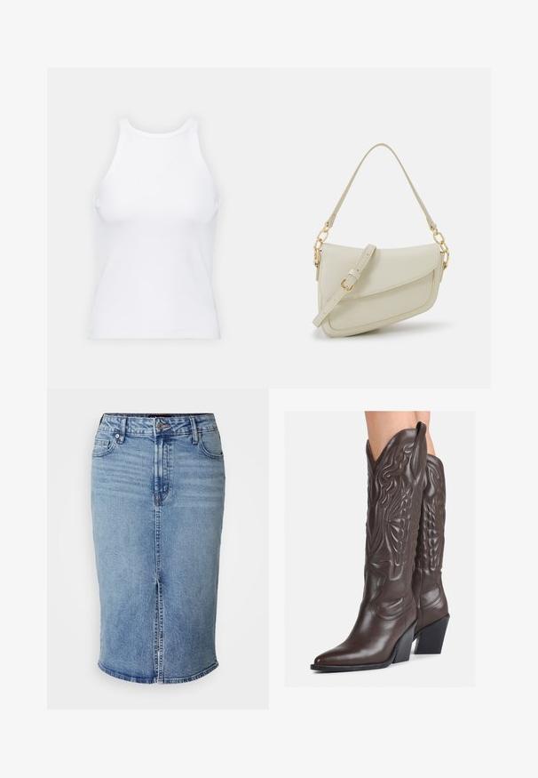 Top alb fără mâneci, confecționat din material ribbed, prezentând un decolteu rotund și o siluetă ajustată, cu cusături minime și fără ornamente.; Fustă din denim albastru deschis, tip creion, cu o deschidere în față, cinci buzunare și închidere cu buton la talie. Lungime obișnuită, textură netedă.; Bocanci de cowboy din piele maro, cu vârf ascuțit și toc pătrat, având cusături detaliate și accente ridicate pe tijă.; Geantă mică de crem cu un finisaj texturat, curea lungă și ajustabilă, accent cu lanț și închidere cu clapetă. Detalii din hardware aurie.
