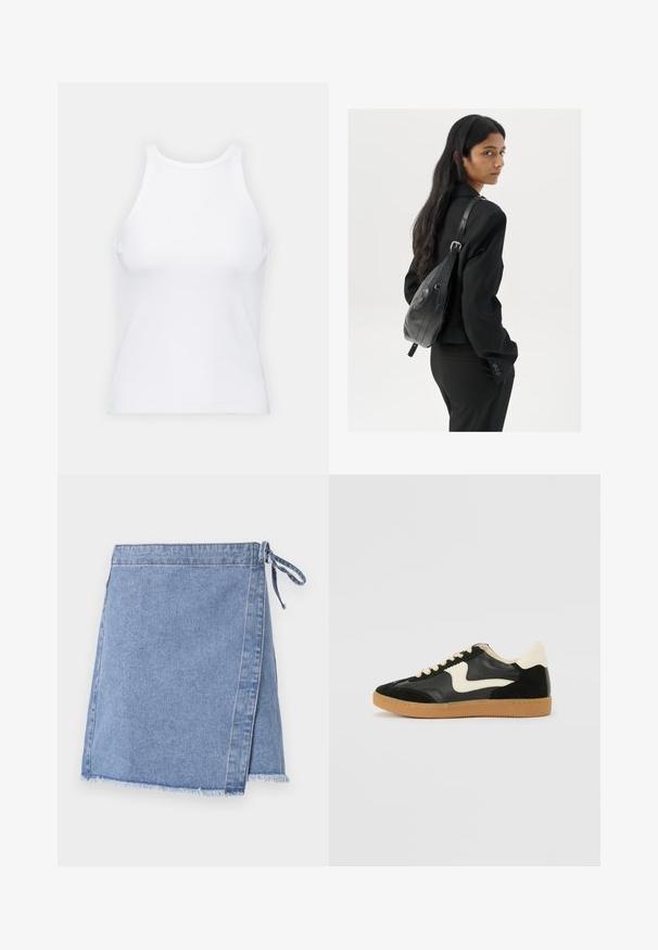 White sleeveless tank top made of ribbed fabric, featuring a rounded neckline and a fitted silhouette, with minimal seams and no embellishments.; Denim wrap skirt in light blue, featuring a tied closure, frayed hem, and a straight cut with a slight A-line shape.; Black suede and leather sneaker with a cream side swoosh and light cream heel. Features beige laces and a gum rubber outsole.; Woman with long dark hair wearing a black suit, carrying a black leather shoulder bag, looking over her shoulder against a white background.