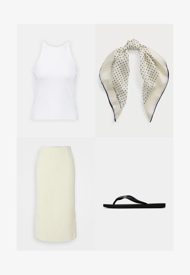 Balta bezpiedurkņu topiņš no ribotā auduma, ar noapaļotu kakla izgriezumu un pieguļošu siluetu, ar minimālām šuvēm un bez rotājumiem.; Gai bežs zīmulis svārki ar gludu tekstūru, augsto jostasvietu un ceļgala garumu. Vienkārši, bez papildu rakstiem vai redzamiem aksesuāriem.; Melna gumijas flip-flop sandaļa ar teksturētu nolaists jostu un vienkāršu plakanā zole, attēlota no sāniem uz vienkārša gaiša fona.; Zīda šalle ar krēma krāsas fonu un tumši zilu punktiņu rakstu, sasieta centra daļā; tumši zila apmale; ietver tekstu "Lauren Ralph Lauren."