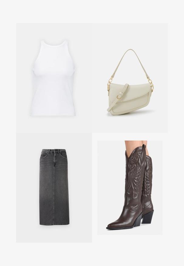 Bela brezrokavna majica iz rebraste tkanine, z zaobljenim izrezom in prilegajočim silhueto, z minimalnimi šivi in brez okraskov.; Siva denim midi krila s pravim krojem, zasnovo s petimi žepi in zankami za pas. Ima sprednje zapiranje na gumb in minimalistično šivanje.; Rjave usnjene kavbojske čevlje z ostrim nosom in blok peto, ki vsebujejo podrobno šivanje in dvignjene dodatke na zgornjem delu.; Mala kremna torbica z teksturiranim zaključkom, dolgim nastavljivim trakom, verižnim poudarkom in zapiranjem na poklop. Detajli iz zlatega kovinskega materiala.