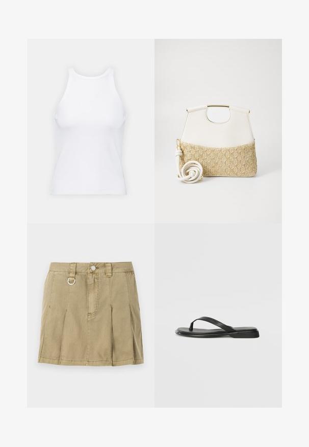 Baltas be rankovių marškinėlis, pagamintas iš išklotinės medžiagos, su apvaliu iškirpimu ir prigludusia siluetu, minimaliais siūlais ir be dekoracijų.; Šviesiai alyvuogių žalios spalvos džinsinė sijonas su keturiomis peilių raukšlėmis, priekiniais užsegimais ir metaliniu kilpos akcentu ant juosmens.; Juodos šlepetės, pagamintos iš lygios odos, su plona dirželių konstrukcija ir plokščiu padu, turinčiu minimalų profilį. Be pastebimų raštų ar akcentų.; Balta odinė rankinė su tekstūruotu kreminiu pintu dugnu. Ypatumai: auksinės spalvos rankena ir suktas baltas dirželis, suteikiantis universalumo.